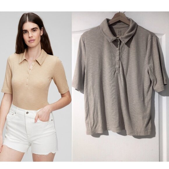 Gap | Ribbed Henley Polo T-Shirt In Wicker Beige - Picture 1 of 8